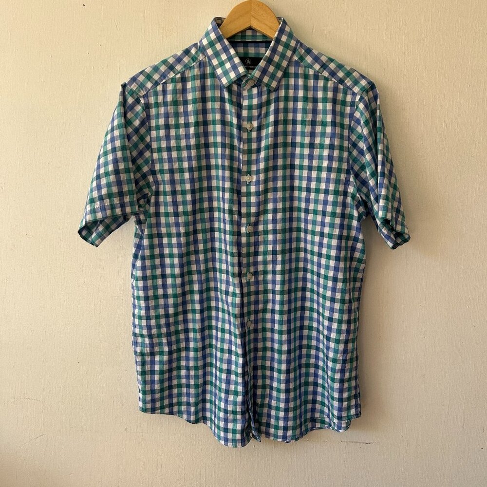 Hart Schaffner Max Short Sleeve Button Front Shirt Mens Medium Blue Checked